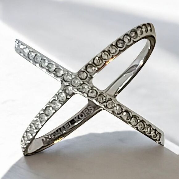 Michael Kors Stainless Steel and Pavé Crystal X Ring sz 6 - Picture 1 of 9